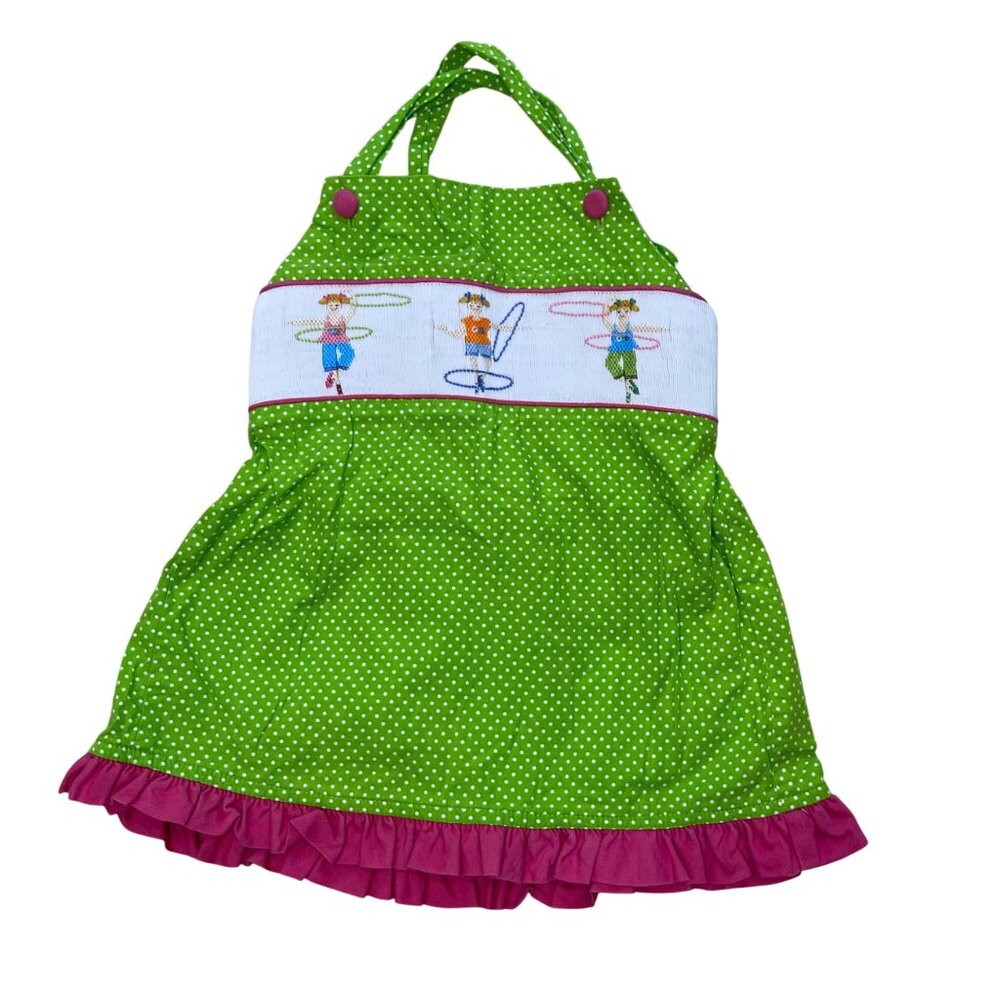 Beaux et Belles Smocked Hula Hoop Top Girls Size 6 Ruffle Hem Polka‎ Dot Green